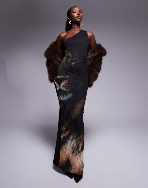 Kaiia mesh leopard print maxi dress with asymmetric knot back cut out detail in black