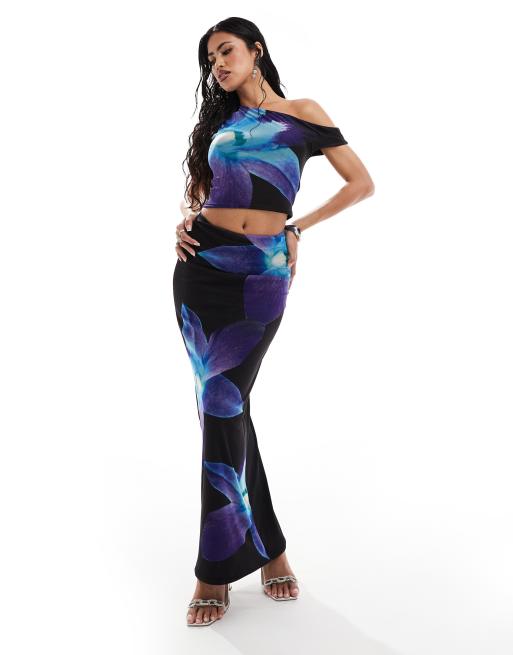 Kaiia mesh off shoulder top and maxi skirt co-ord in black and blue flower print