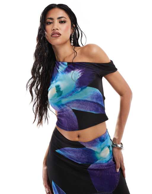 Kaiia mesh off shoulder top in black and blue flower print - part of a set
