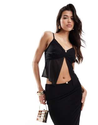 mesh split front rose detail top in black - part of a set