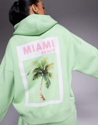 Kaiia Miami Beach Palm Tree Back Graphic Oversized Hoodie In Green
