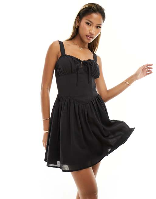 Kaiia milkmaid tie front mini dress in Black