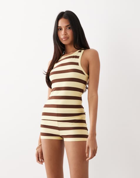 Kaiia - Mini-short rayé d'ensemble en jersey ultra-doux - Citron et chocolat - view 1