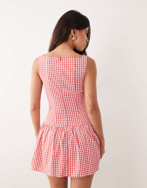 Kaiia - Minikjole med høj firkantet hals og knapper samt rødt gingham-tern - Kun hos ASOS, 4 af 4
