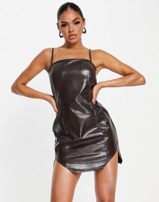 Kaiia leather look square neck mini dress in chocolate - ASOS Price Checker