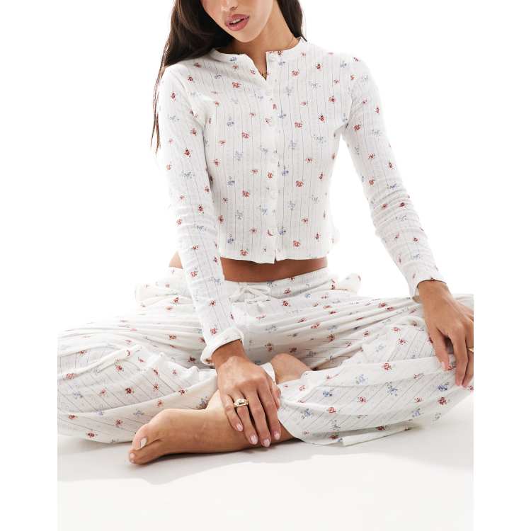 Kaiia mix and match cropped button through pointelle pajama top in