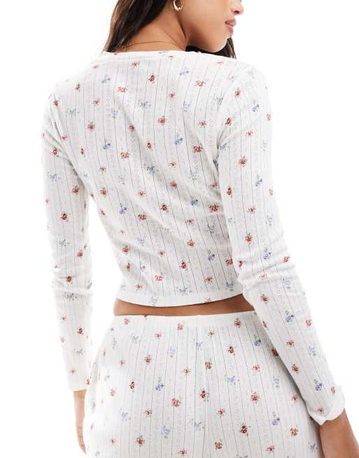Kaiia mix and match cropped button through pointelle pajama top in