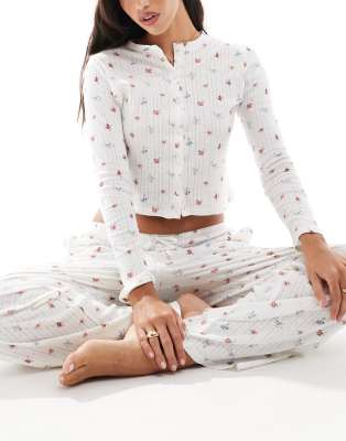 Kaiia Mix And Match Cropped Button Through Pointelle Pyjama Top In Cream Ditsy-Multi