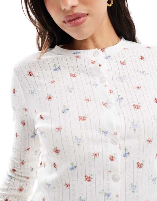 Kaiia mix and Match cropped button through pointelle pyjama top in cream ditsy, 2 of 4