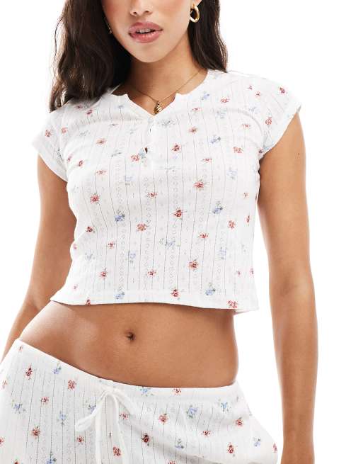 Kaiia - Mix and Match - Haut de pyjama boutonné à manches courtes en maille pointelle - Crème à petites fleurs