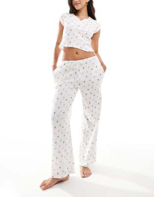 Kaiia - Mix and Match - Pantaloni del pigiama traforati a fondo ampio color crema a fiorellini