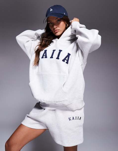 Kaiia - Mix en match - Oversized hoodie, joggingbroek met boorden, joggingbroek met wijde pijpen en shorts in gemêleerd grijs - view 1