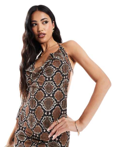 Kaiia mix & match slinky cowl neck tie back top in snake print - view 1