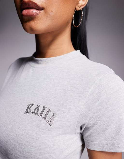 Kaiia – Mörkgrå, melerad, liten t-shirt i bomullsrikt tyg med broderad logga, del av set  , 3 av 4