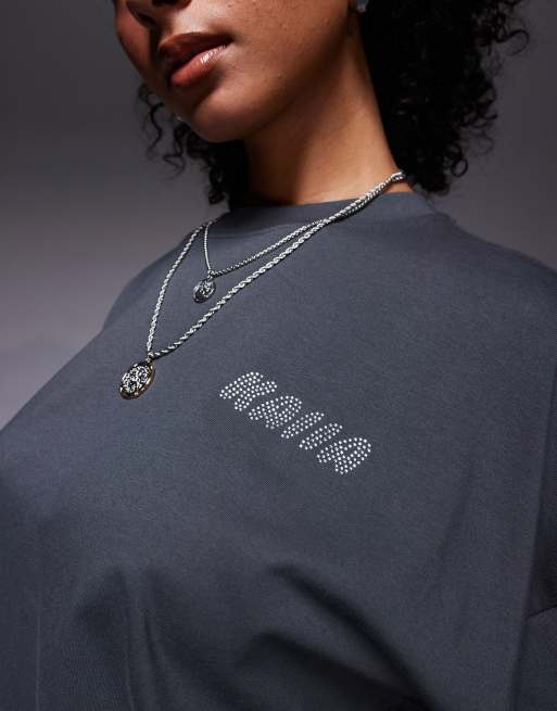 Kaiia – Mörkgrå t-shirt i oversize med strasslogga i tyg med hög andel bomull, del av set  , 3 av 4