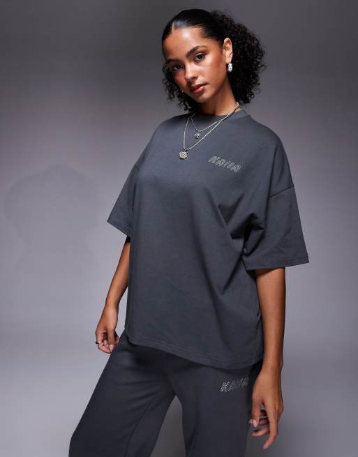 Kaiia – Mörkgrå t-shirt i oversize med strasslogga i tyg med hög andel bomull, del av set  , 4 av 4