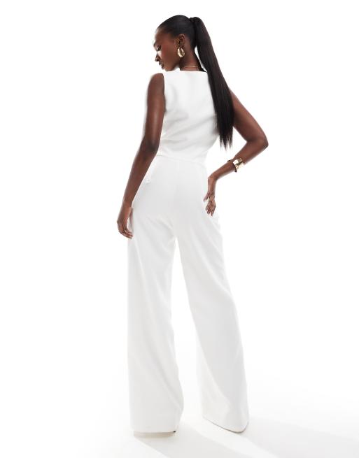 Kaiia - Mouwloze jumpsuit met gilet en wijde pijpen in wit, 3 van 4