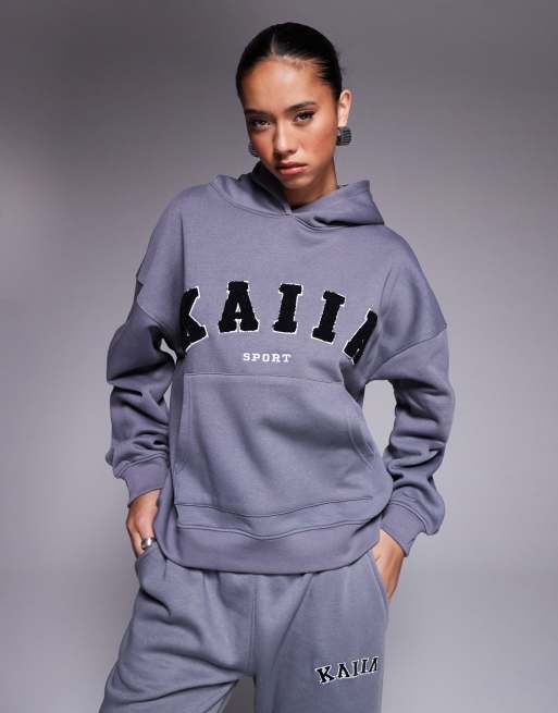 Kaiia - Mørkegrå oversized hættetrøje med sportslogo i bomuldsrigt stof - Del af sæt  , 2 af 4
