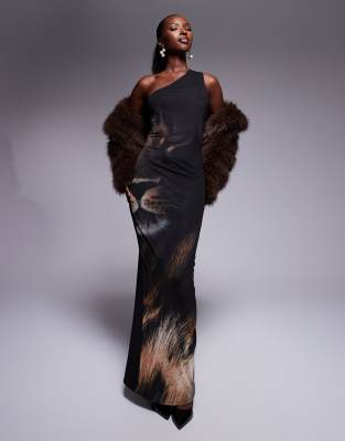 Kaiia - Netzstoff-Maxikleid in Schwarz mit Leopardenmuster, asymmetrischem Knotendetail am Rücken und Zierausschnitt
