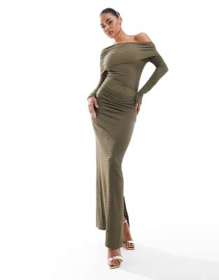 Kaiia Off Shoulder Bandeau Maxi Dress In Olive Green