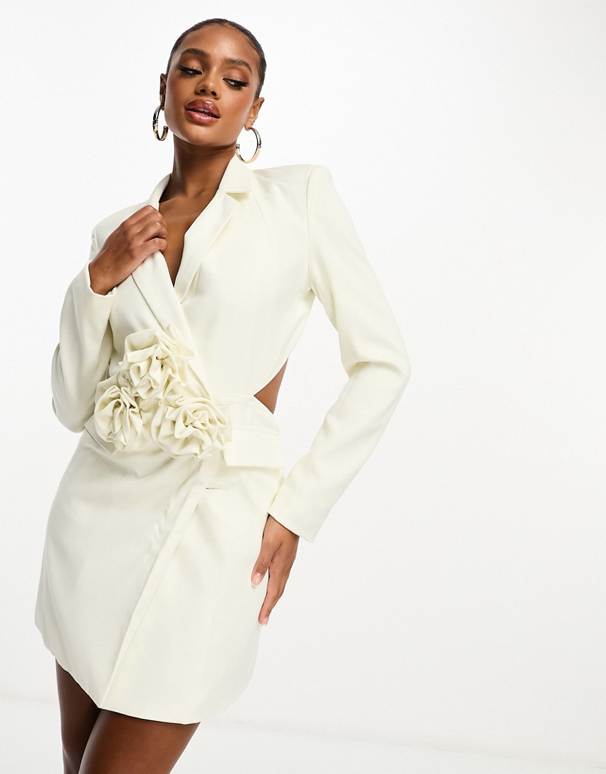 open back corsage detail mini blazer dress in ivory-White