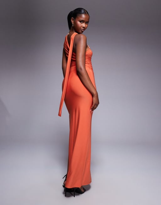Kaiia - Orange tætsiddende oneshoulder-maxikjole med tørklædedetalje og sideslids i dobbeltlag - Kun hos ASOS , 2 af 4