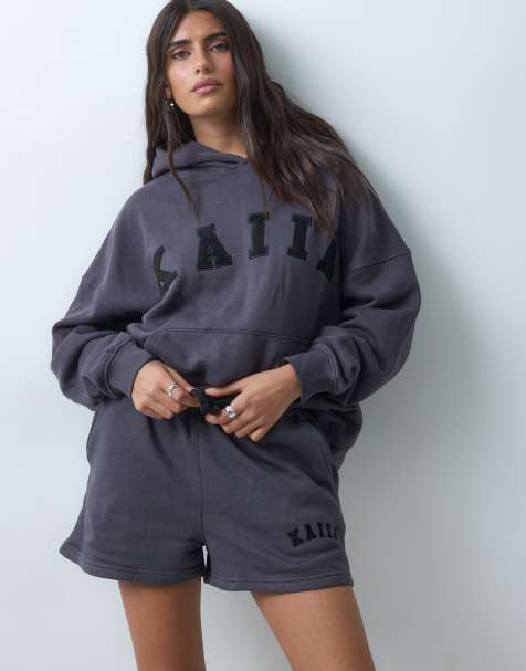 Kaiia overized hoodie, cuffed joggers, wide leg joggers & shorts mix & match in dark grey - view 1