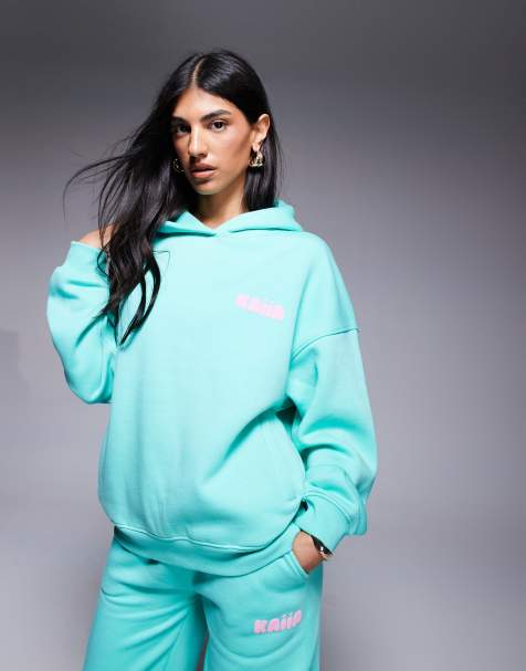 Kaiia – Oversize-Kapuzenpullover aus Baumwollmix in Aqua-Blau und Babyrosa mit Logo-Schaumprint, Kombiteil - view 1