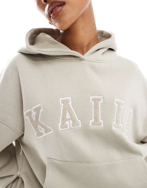 Kaiia – Oversize-Kapuzenpullover aus Baumwollmix in Steinbeige mit Logo, Kombiteil  , 3 von 4