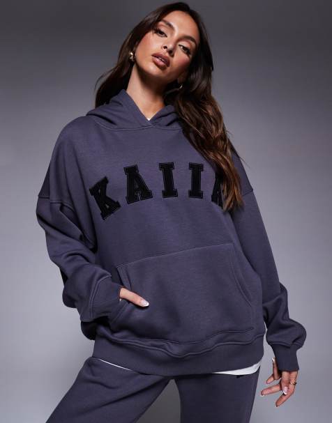 Kaiia – Oversize-Kapuzenpullover in Dunkelgrau mit Logo, Kombiteil - view 1