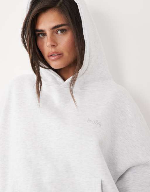 Kaiia – Oversize-Kapuzenpullover in meliertem Grau mit hohem Baumwollanteil und silberfarbenem Metall-Logo, Kombiteil, 4 von 4