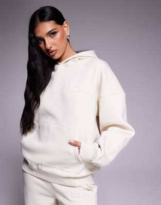 Kaiia - Oversize-Kapuzenpullover in milchigem Hellbeige mit eingeprägtem Bubble-Logo, Kombiteil-Neutral