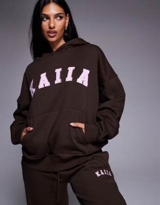 Kaiia - Oversize-Kapuzenpullover in Schokobraun und Rosa mit Logo-Stickerei, Kombiteil-Bunt