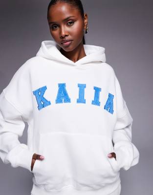Kaiia - Oversize-Kapuzenpullover in Weiß und Blau mit hohem Baumwollanteil und Logo-Stickerei, Kombiteil