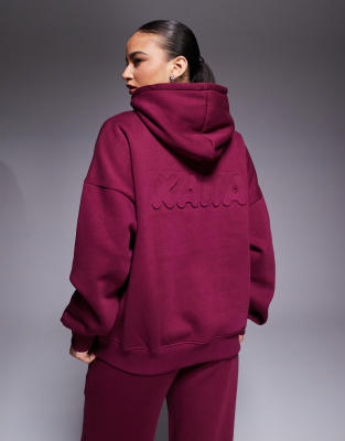Kaiia - Oversize-Kapuzenpullover mit hohem Baumwollanteil in Burgunderrot mit Logo-Prägung, Kombiteil