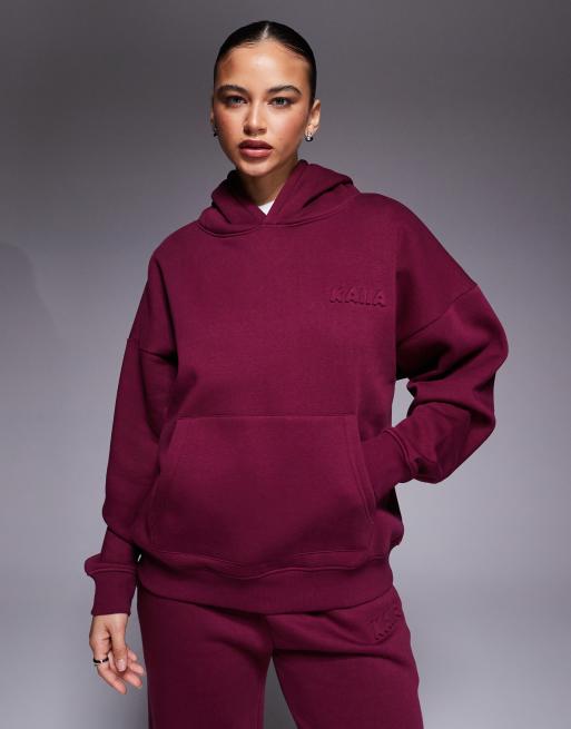 Kaiia – Oversize-Kapuzenpullover mit hohem Baumwollanteil in Burgunderrot mit Logo-Prägung, Kombiteil, 2 von 4