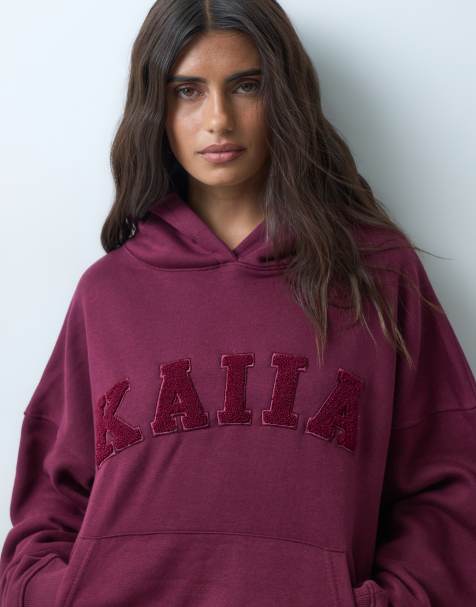 Kaiia – Oversize-Kapuzenpullover mit hohem Baumwollanteil in Burgunderrot mit Logo-Prägung, Kombiteil - view 1