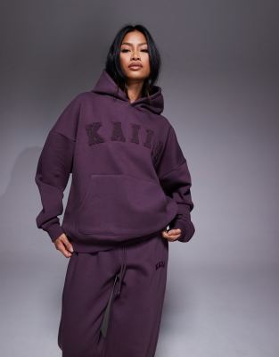 Kaiia - Oversize-Kapuzenpullover mit hohem Baumwollanteil in dunklem Lila und Logo-Stickerei, Kombiteil-Rot