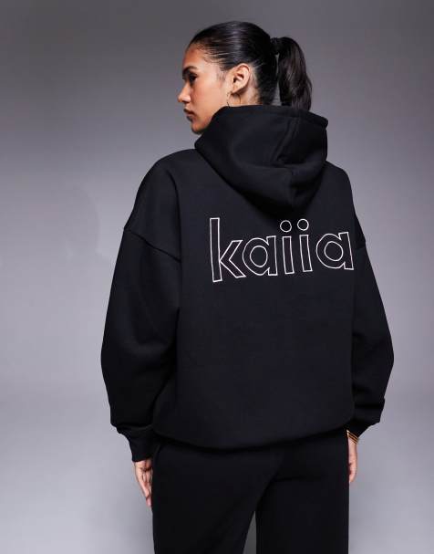Kaiia – Oversize-Kapuzenpullover mit hohem Baumwollanteil in Schwarz mit Logodetail hinten in Rosa, Kombiteil - view 1