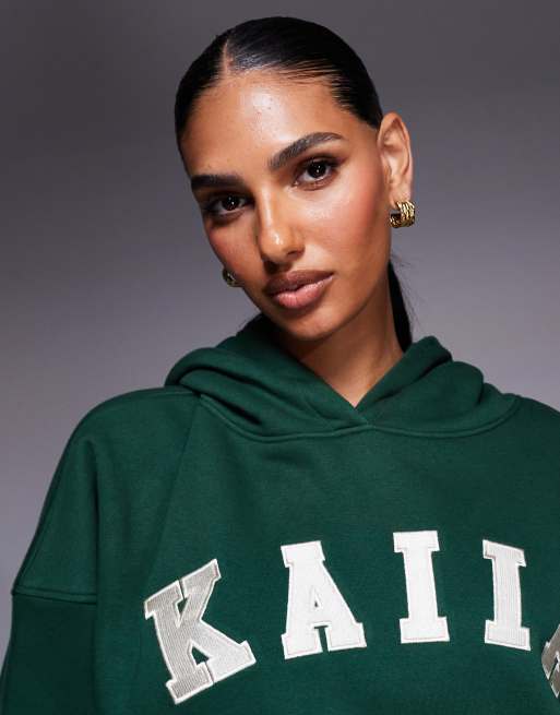 Kaiia – Oversize-Kapuzenpullover mit hohem Baumwollanteil in Tannengrün mit Logo-Stickerei, Kombiteil  , 3 von 4