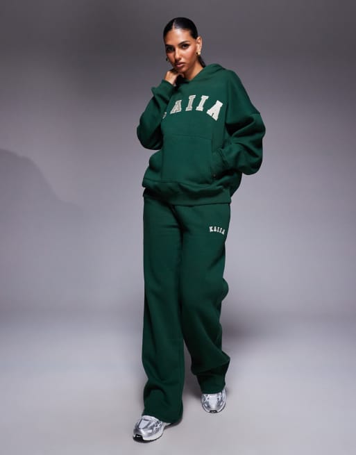 Kaiia – Oversize-Kapuzenpullover mit hohem Baumwollanteil in Tannengrün mit Logo-Stickerei, Kombiteil  , 4 von 4