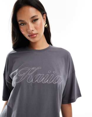 Kaiia - Oversize-T-Shirt in Anthrazit mit Logo-Stickerei, Kombiteil-Grau