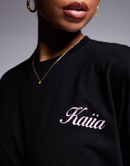 Kaiia – Oversize-T-Shirt in Schwarz mit Engel-Logo in Rosa, Kombiteil, 3 von 4