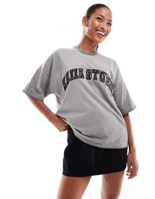 Kaiia - Oversize-T-Shirt in verwaschenem Grau mit Logo mit Leopardenmuster