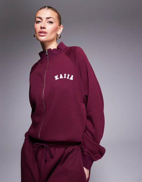 Kaiia oversized bomber zip through contrast logo sweat jacket co-ord in burgundy - view 1