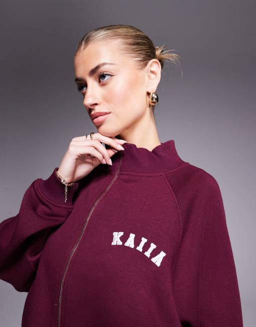 Kaiia oversized bomber zip through contrast logo sweat jacket co-ord in burgundy