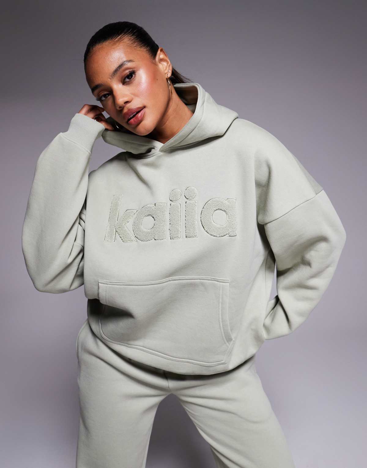 Kaiia oversized borg logo hoodie co-ord in sage green