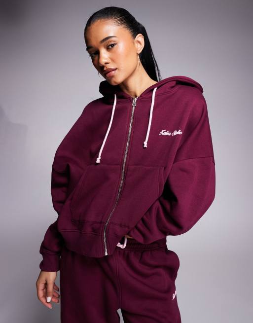 Kaiia oversized cherry back print zip up hoodie co-ord in burgundy and pink