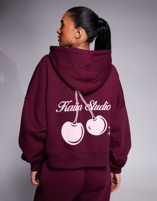 Kaiia Oversized Cherry Back Print Zip Up Hoodie In Red