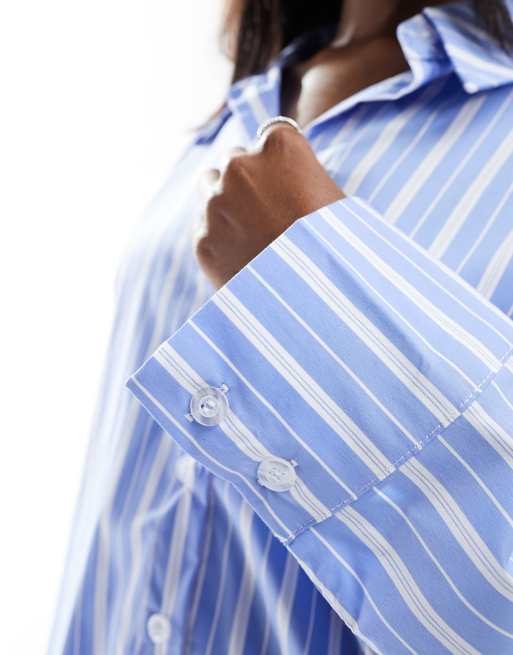 Kaiia oversized deep cuff wide sleeve shirt in blue stripe, 3 of 4